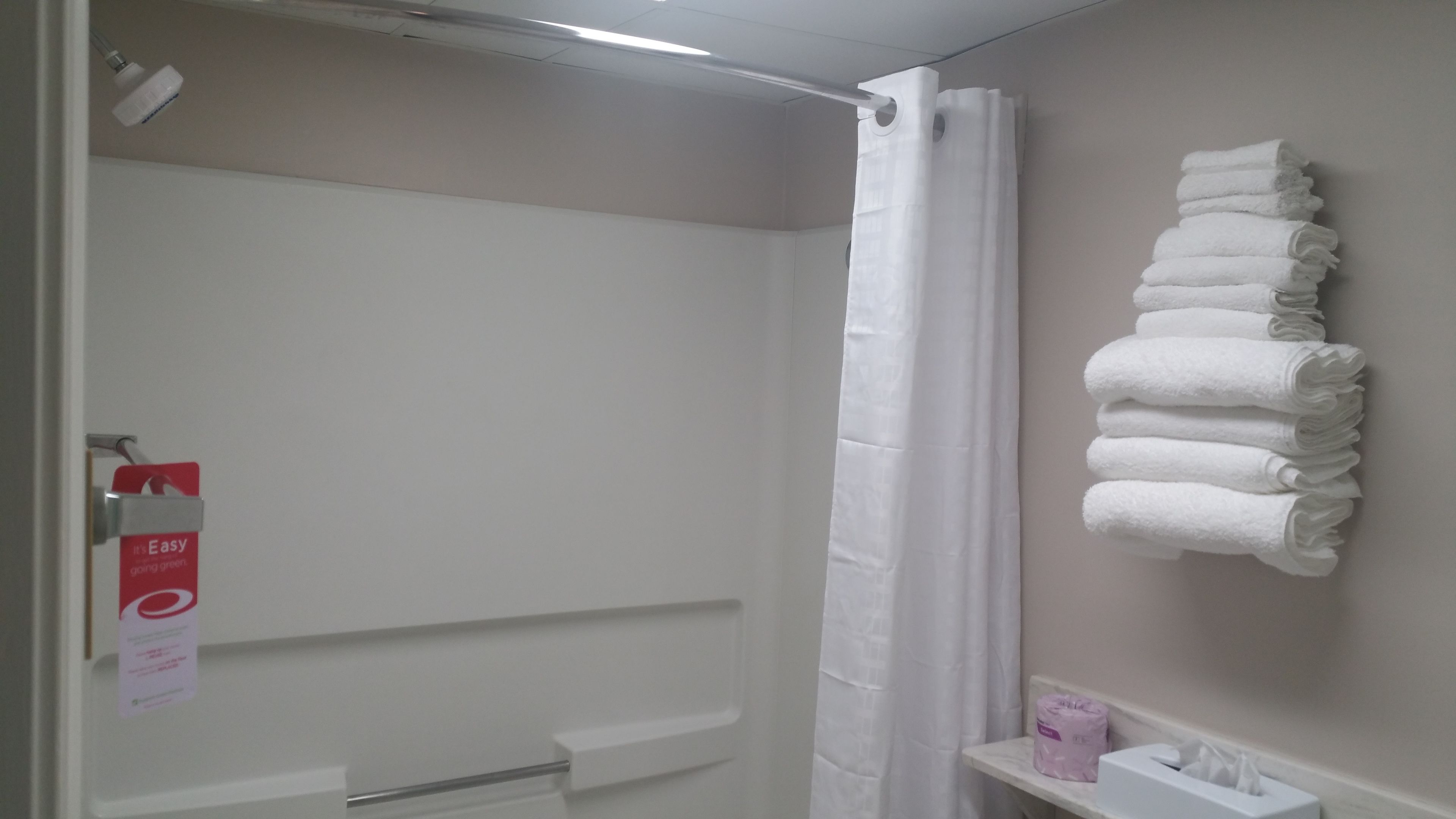 Un baño con ducha, un perchero con toallas dobladas, una caja de pañuelos de papel y un cartel en la puerta.