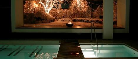 Salas para tratamentos a dois, sauna seca, banheira de hidromassagem