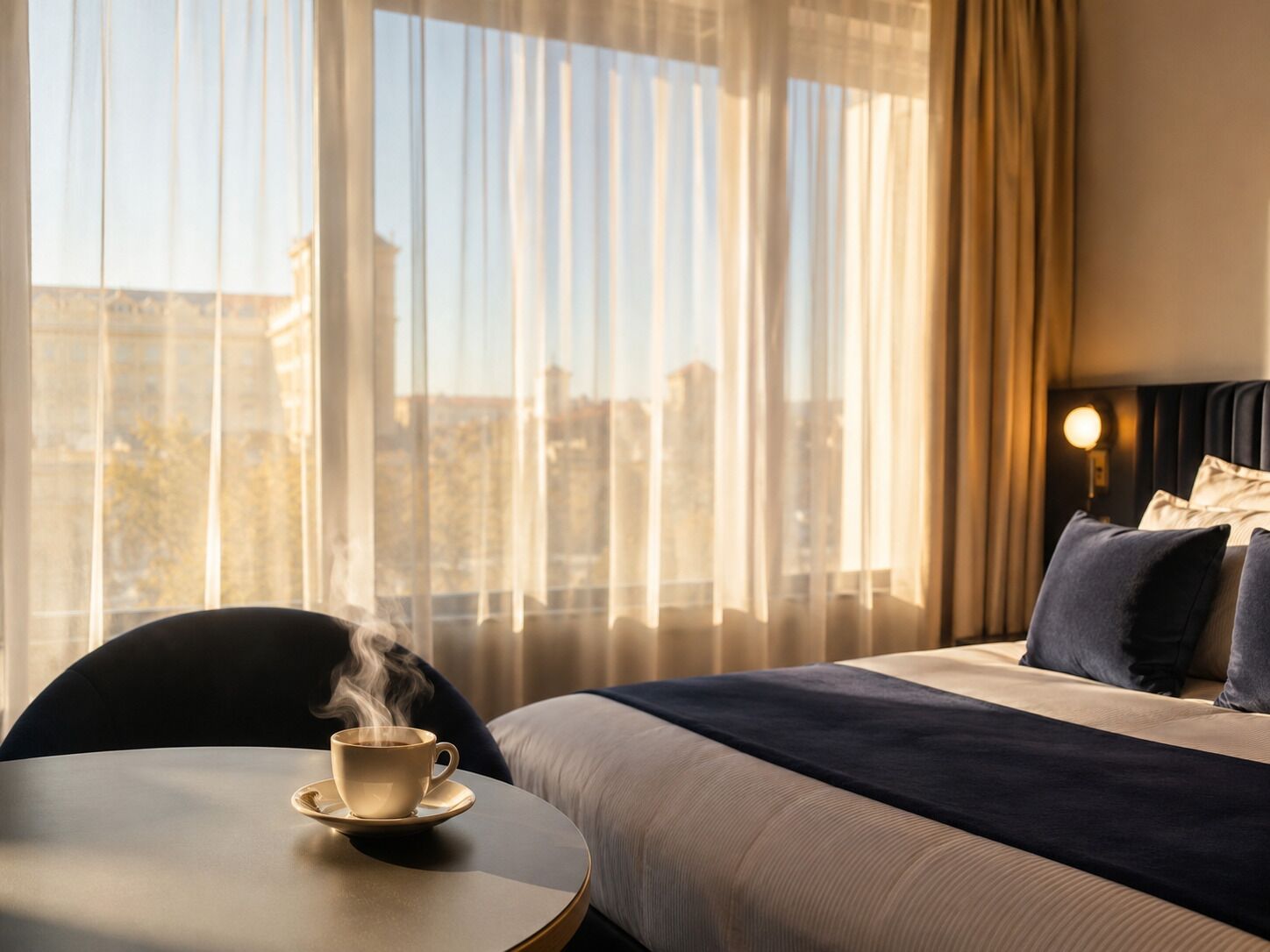 A hotel room with a bed, a round table with a cup of coffee, and a view of the city through large windows.