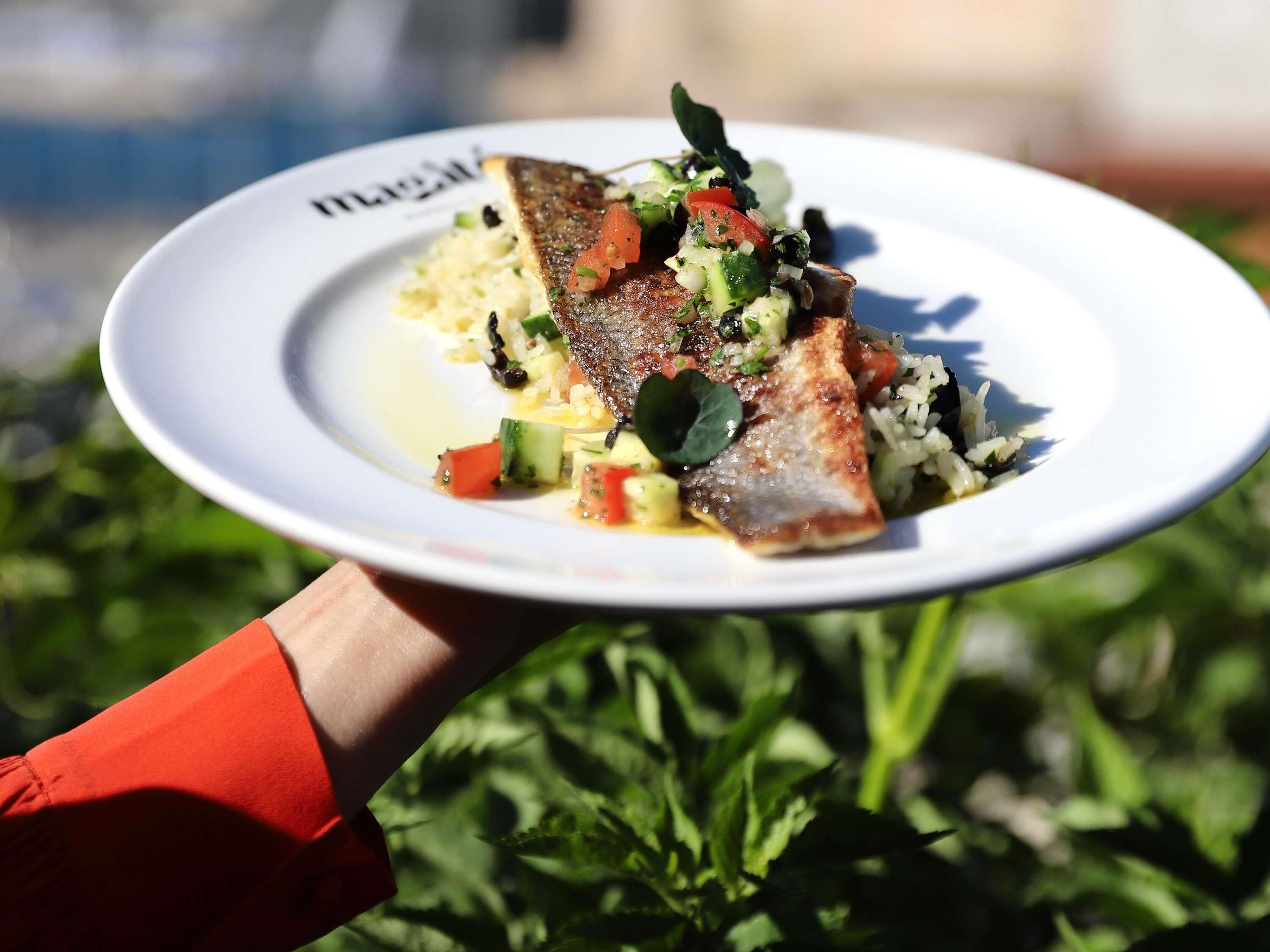 Un plato blanco con pescado, verduras y arroz.