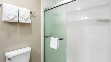 A bathroom with a toilet, a glass shower door, and a towel rack with two towels.