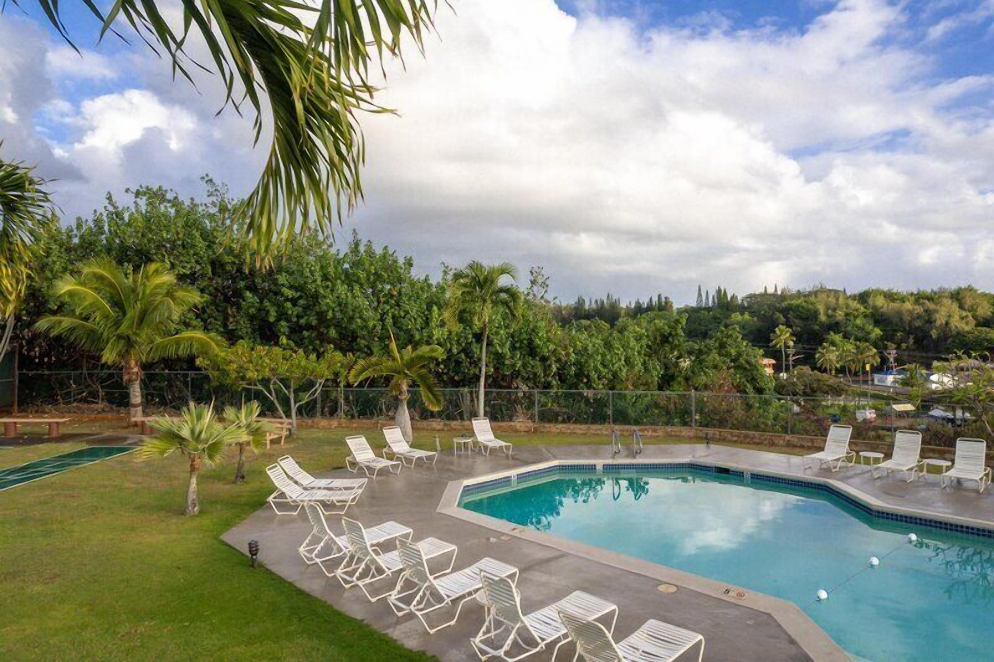 Una piscina al aire libre, sillones reclinables de piscina