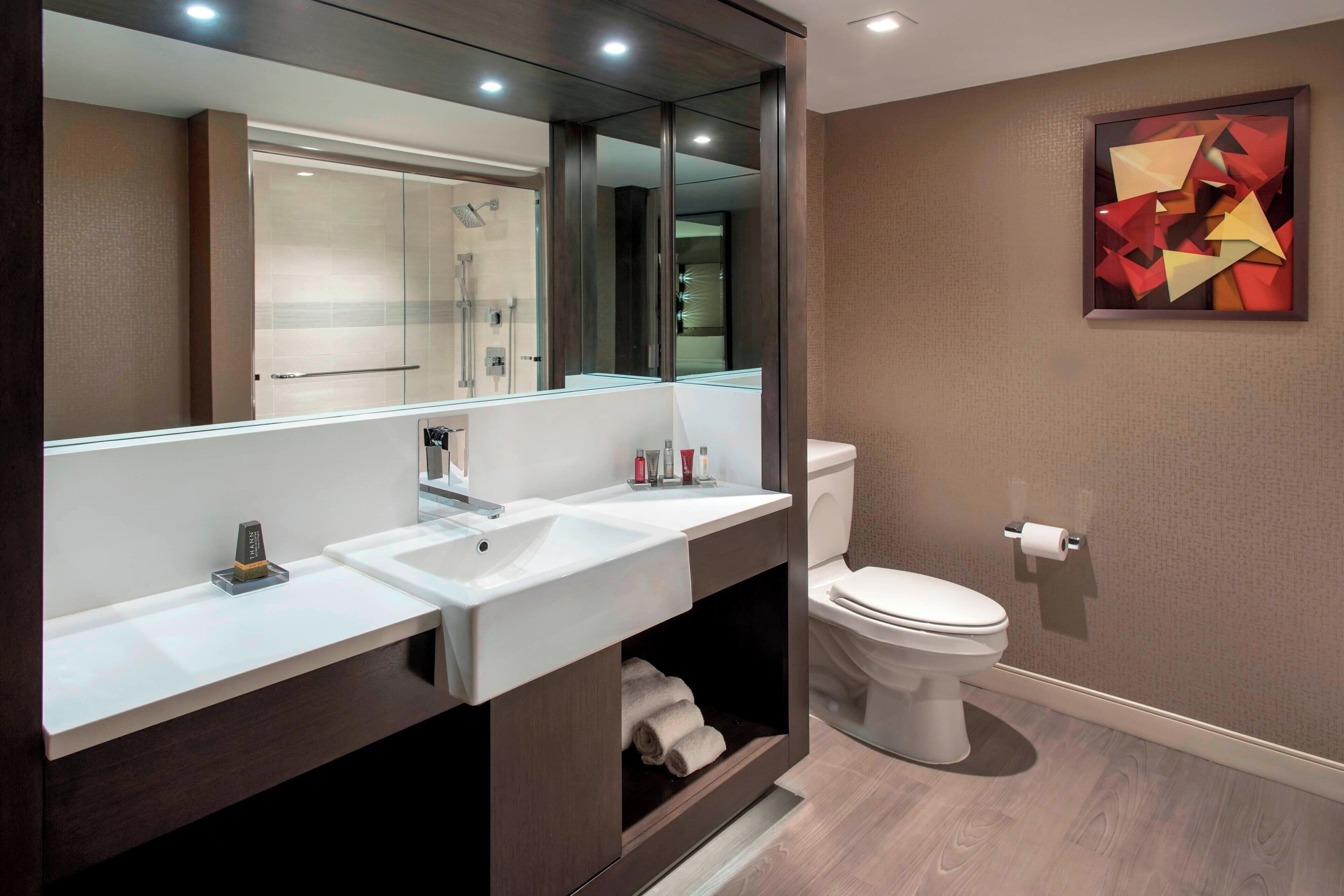 eco-friendly toiletries, hair dryer, towels, soap