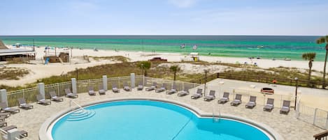 Outdoor pool, open 9:00 AM to 10:00 PM, sun loungers