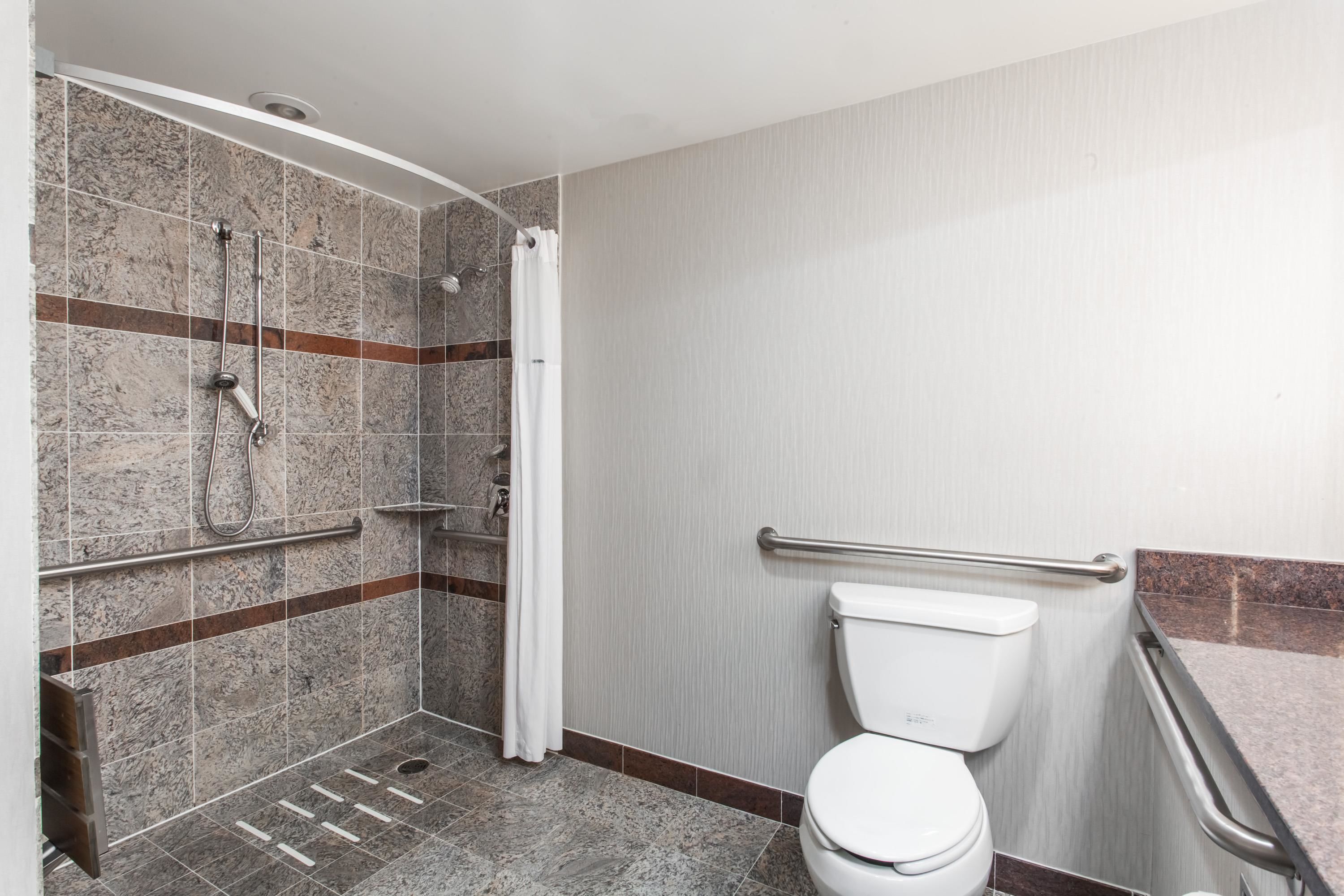 A bathroom with a shower, toilet, and grab bars.