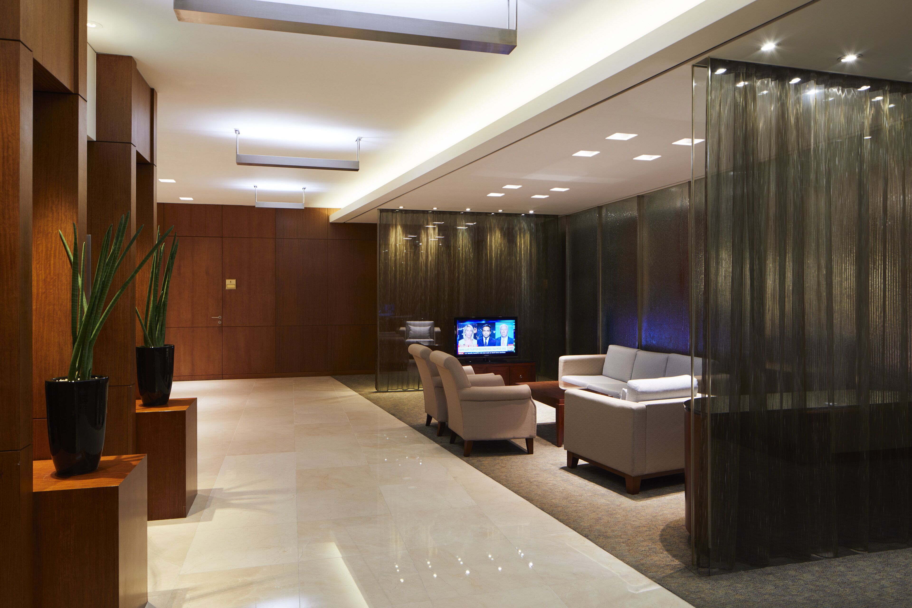 A modern lobby with a TV, seating area, and potted plants.