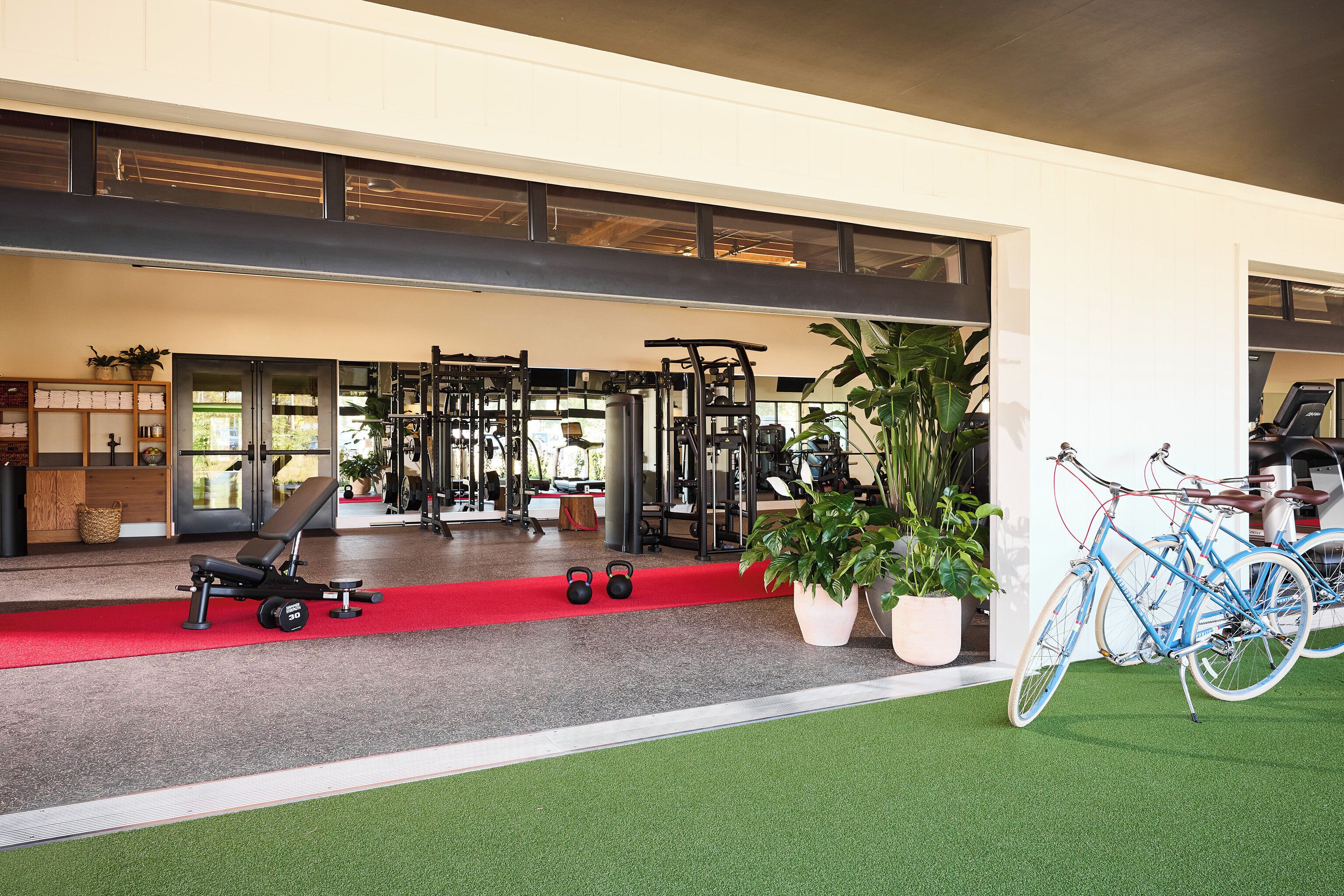 Un gimnasio con equipo de ejercicio, alfombra roja y una zona de césped artificial verde.