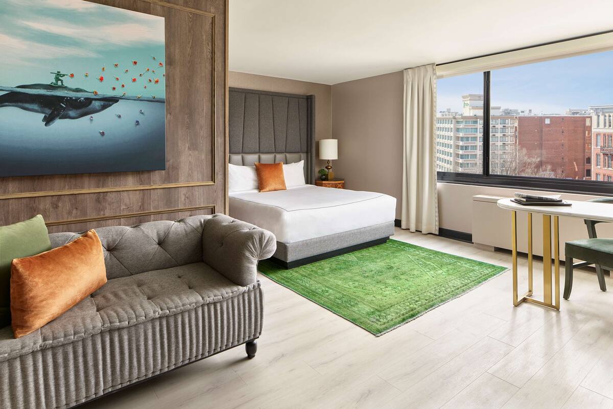Habitación de hotel con una cama, un sofá, una alfombra verde, un cuadro y vistas de la ciudad.