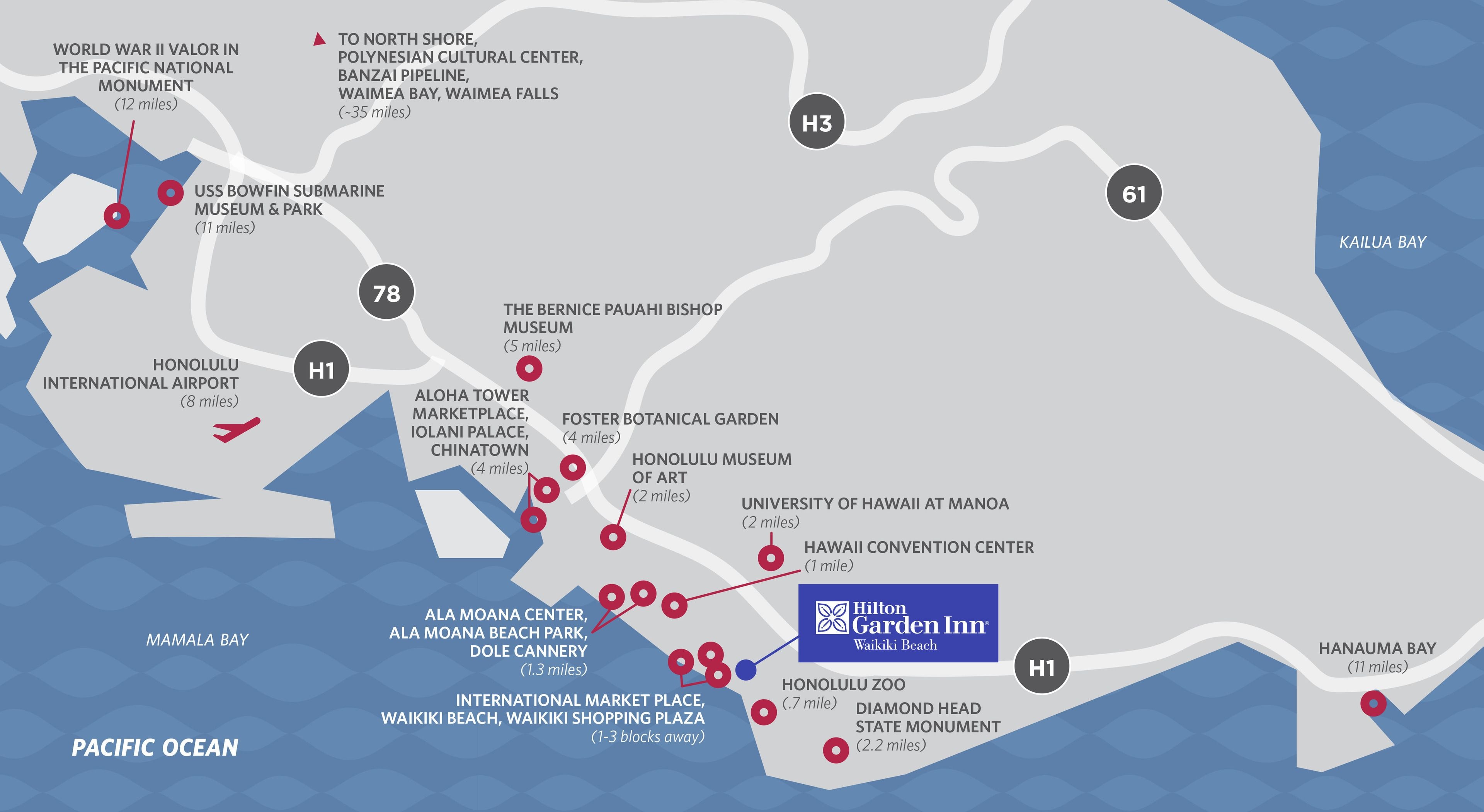 A map with various points of interest and distances in miles.