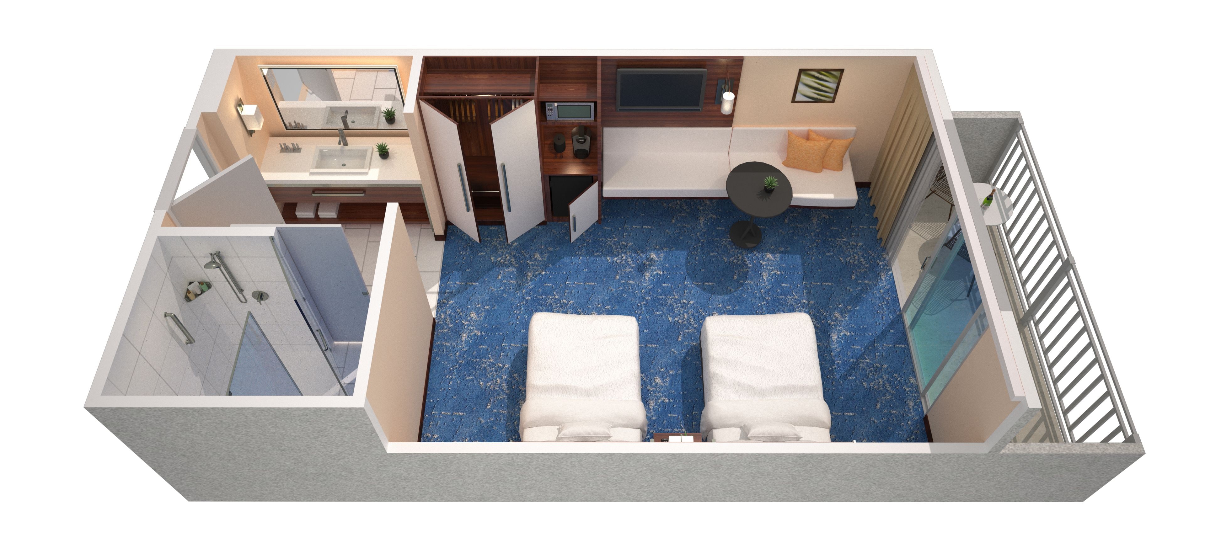 A hotel room with a bathroom, a kitchenette, a seating area with a table and chairs, and a small balcony.