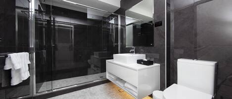Une salle de bain moderne avec une douche à parois de verre, un lavabo blanc et des toilettes.