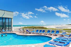 A pool area with a view of the beach, lounge chairs, and a sign indicating no lifeguard on duty. - Sands Beach Club Resort (Myrtle Beach)