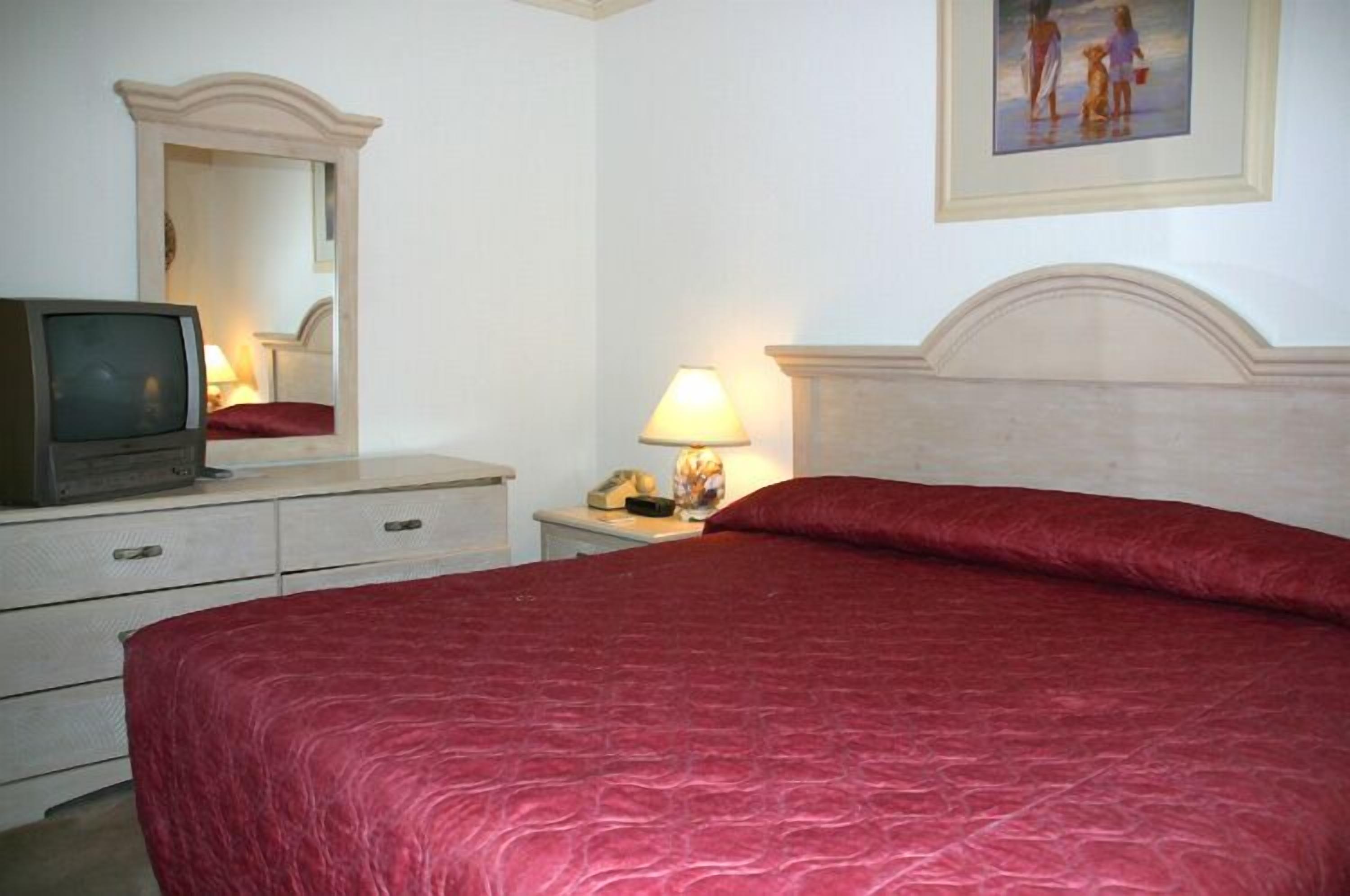 A bedroom with a large bed, a dresser with a television, a nightstand with a lamp, and a framed picture on the wall.