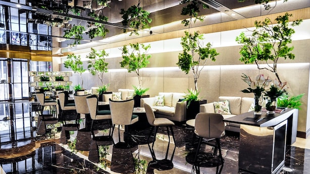 A modern indoor space with seating arrangements, reflective flooring, and potted plants.