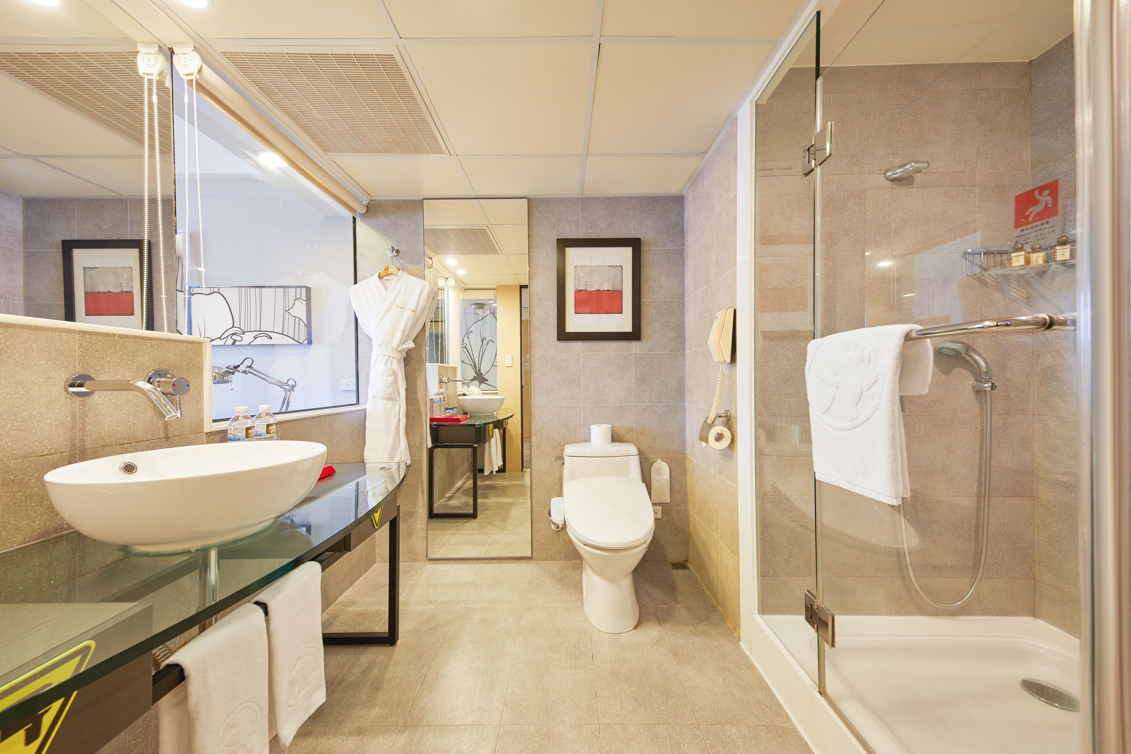 hair dryer, bathrobes, slippers, bidet