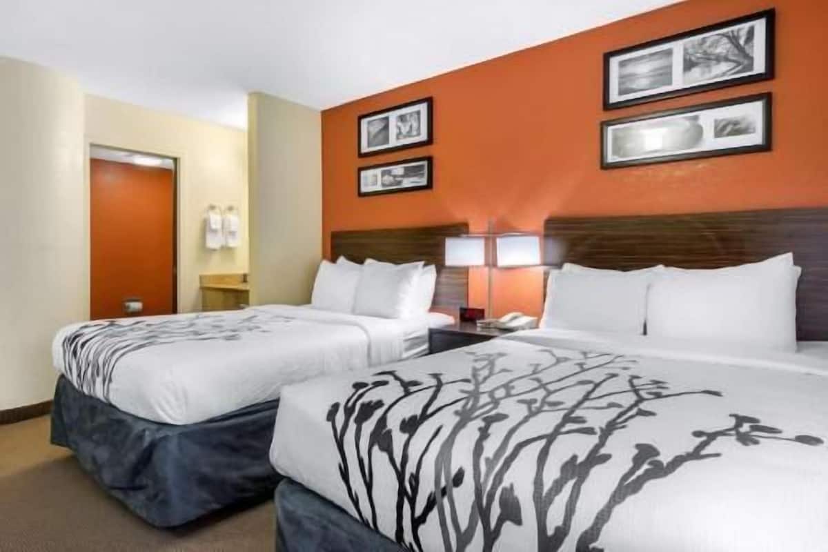 A hotel room with two beds, a nightstand, a lamp, and framed pictures on the wall.