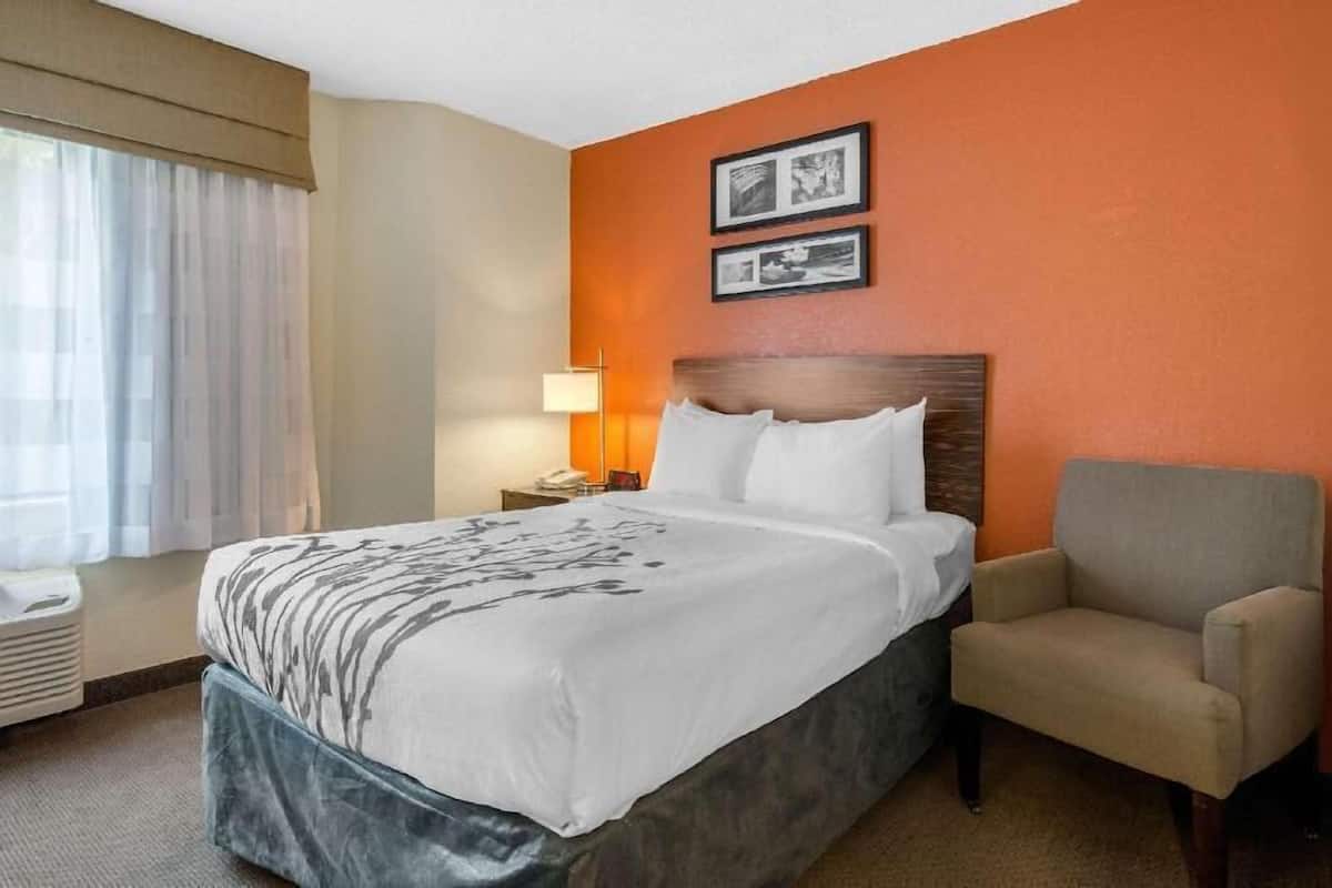 A hotel room with a bed, a chair, a nightstand, a lamp, and two framed pictures on the wall.