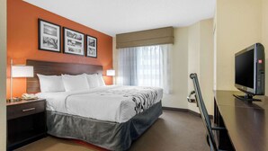 A hotel room with a bed, bedside tables, a desk with a TV, and framed pictures on the wall. - Sleep Inn Sarasota North (Sarasota)