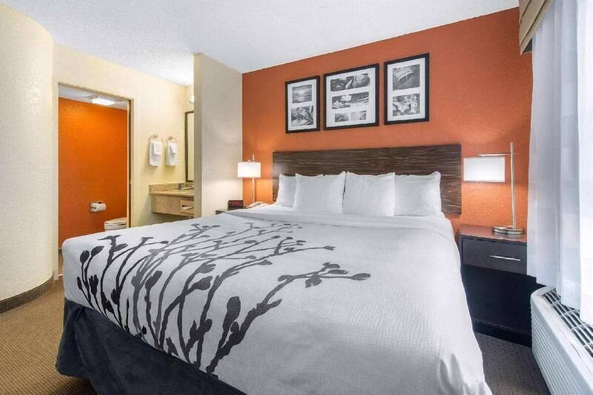A hotel room with a bed, a nightstand, a lamp, a mirror, and a door leading to a bathroom.