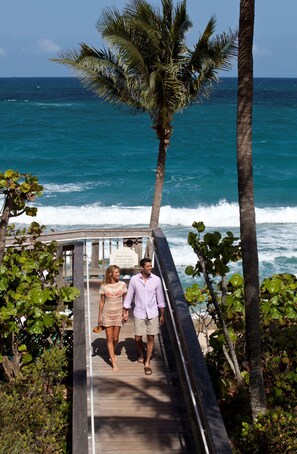 A wooden boardwalk leading to a beach with palm trees and ocean waves in the background. - Jupiter Beach Resort & Spa (Jupiter)