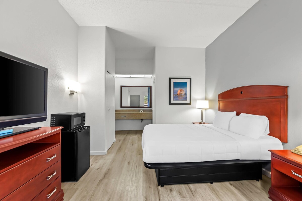 Una habitación de hotel con cama, televisión, escritorio y microondas.
