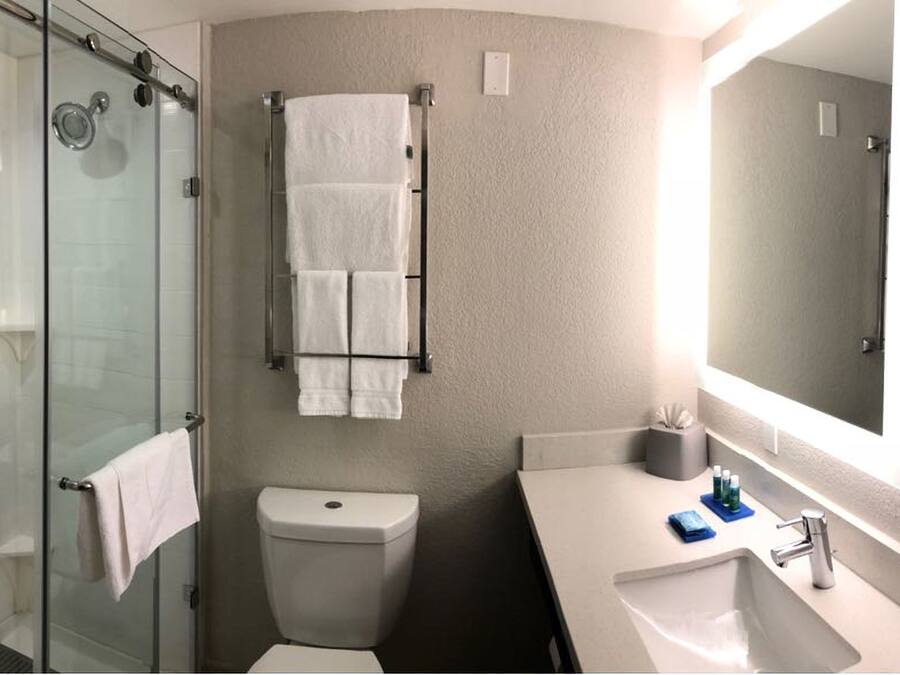 A bathroom with a glass shower enclosure, a toilet, a sink with a mirror, and a towel rack.