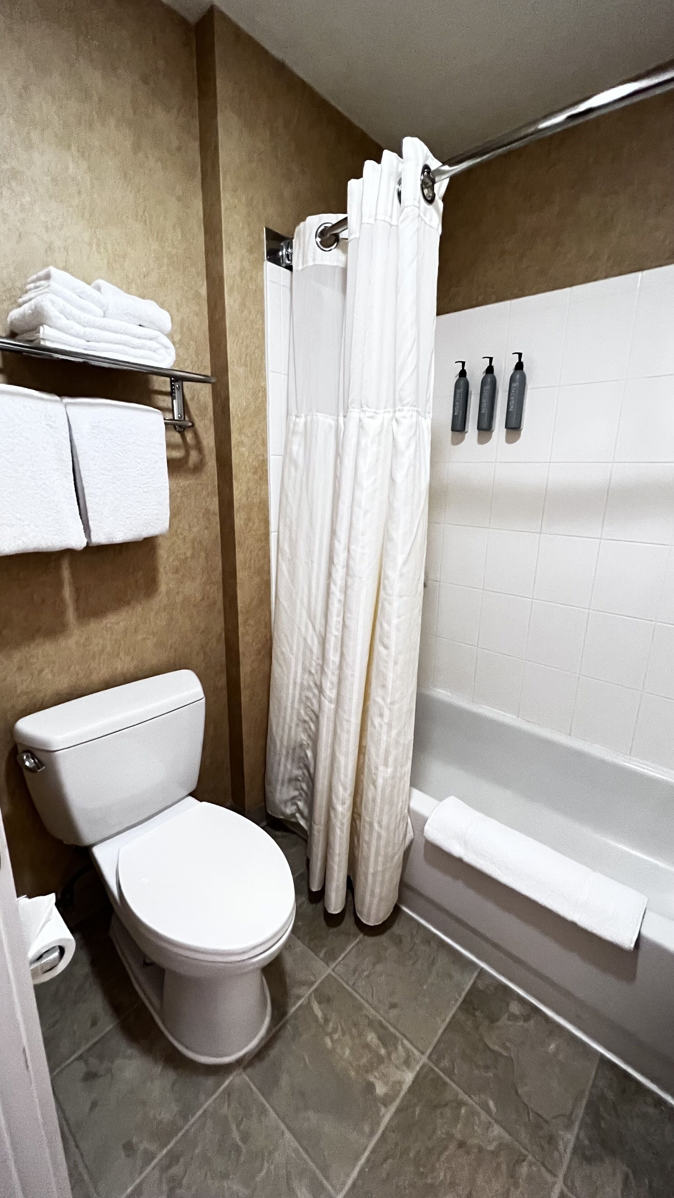 combined shower/bathtub, free toiletries, hair dryer, towels