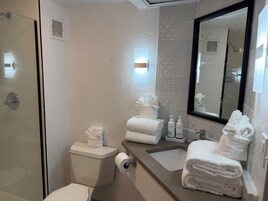 Bañera con ducha, artículos de tocador gratuitos, secador de pelo