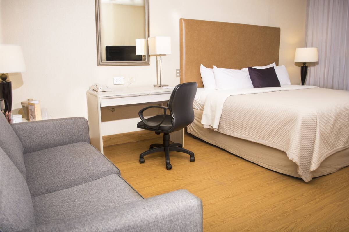 A hotel room with a bed, a desk, a chair, and a couch.