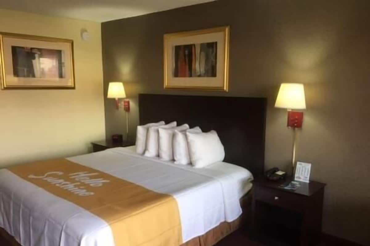 Een hotelkamer met een bed, twee nachtkastjes, een hoofdeinde en twee ingelijste foto's aan de muur.