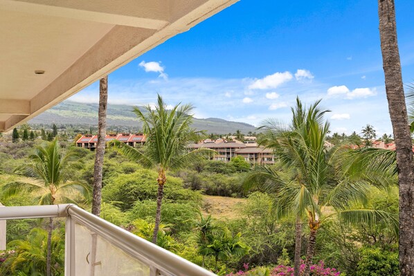 A balcony with a view of a lush landscape, including palm trees and a building with red roofs in the background.