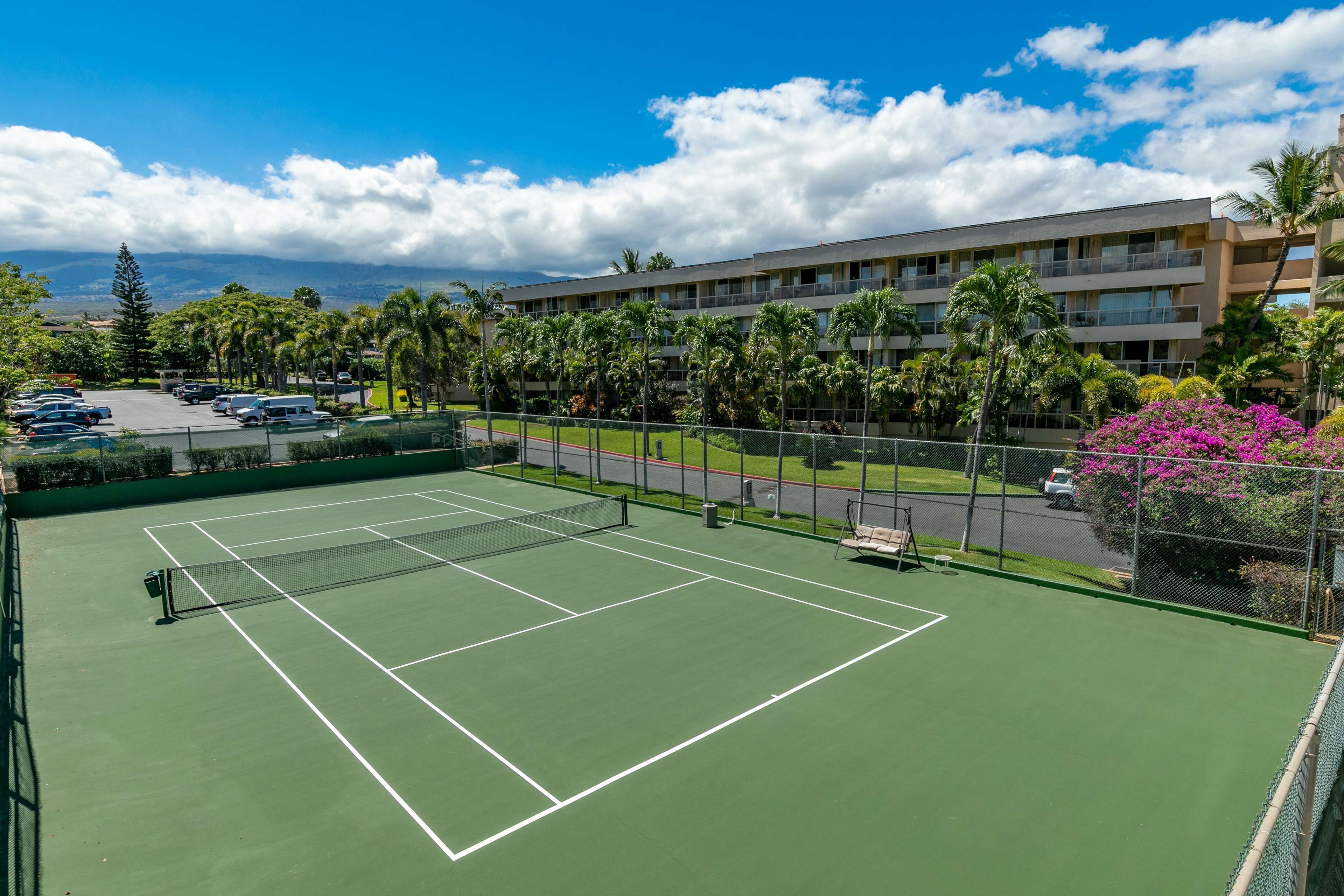 A tennis court with a net, surrounded by a fence, palm trees, and a building in the background.