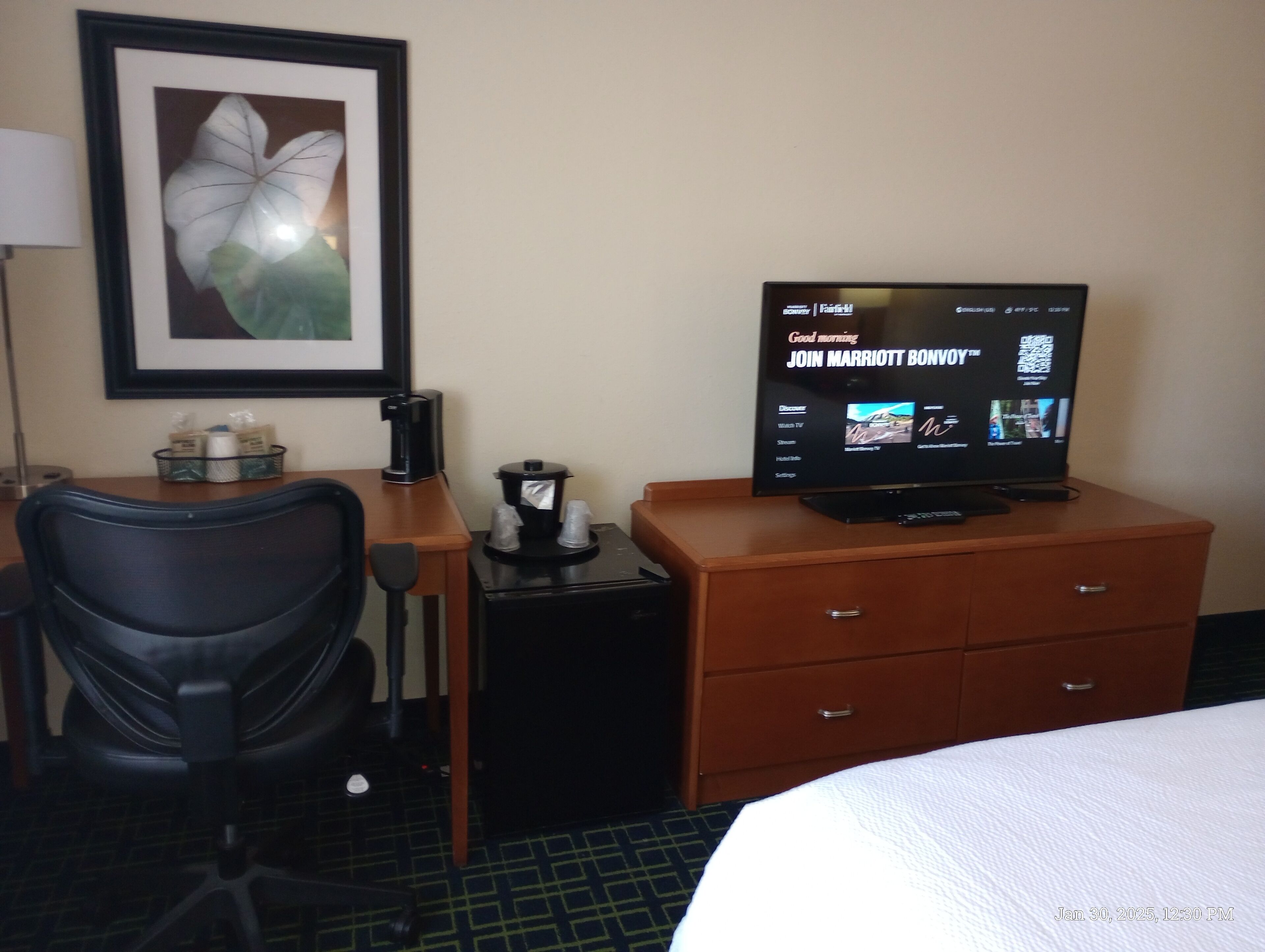 A hotel room with a bed, a desk with a coffee maker, a television displaying a welcome message, and a framed picture on the wall.