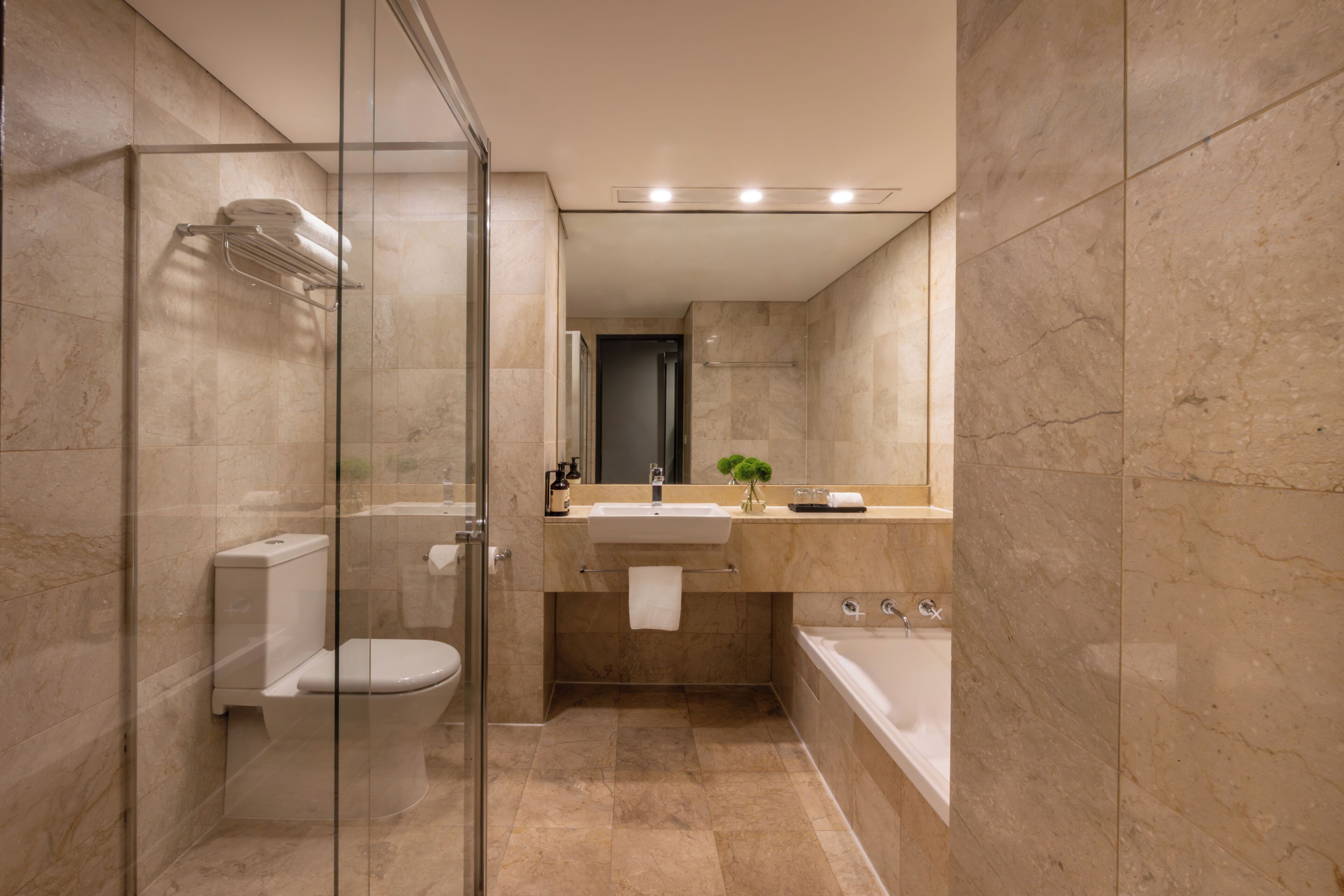 A modern bathroom with a glass shower enclosure, a toilet, a sink, and a bathtub.