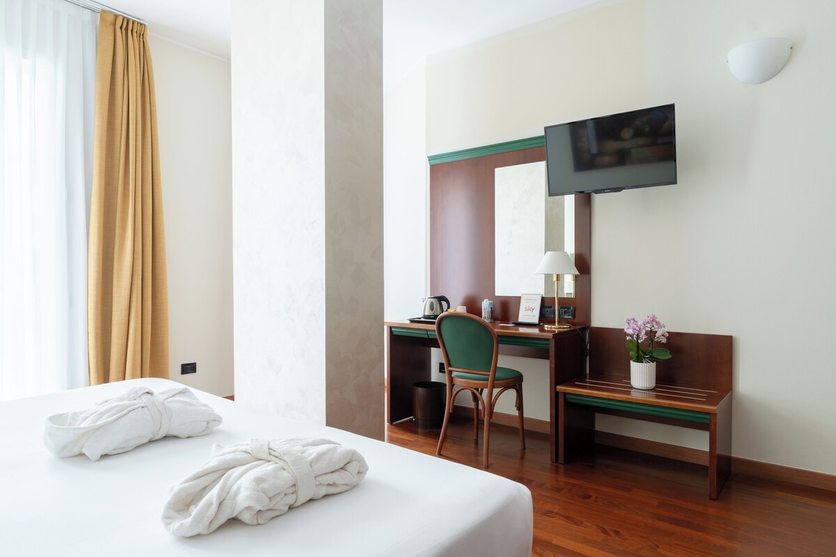 A hotel room with a bed, a desk, a chair, a television, and a small table with a plant.