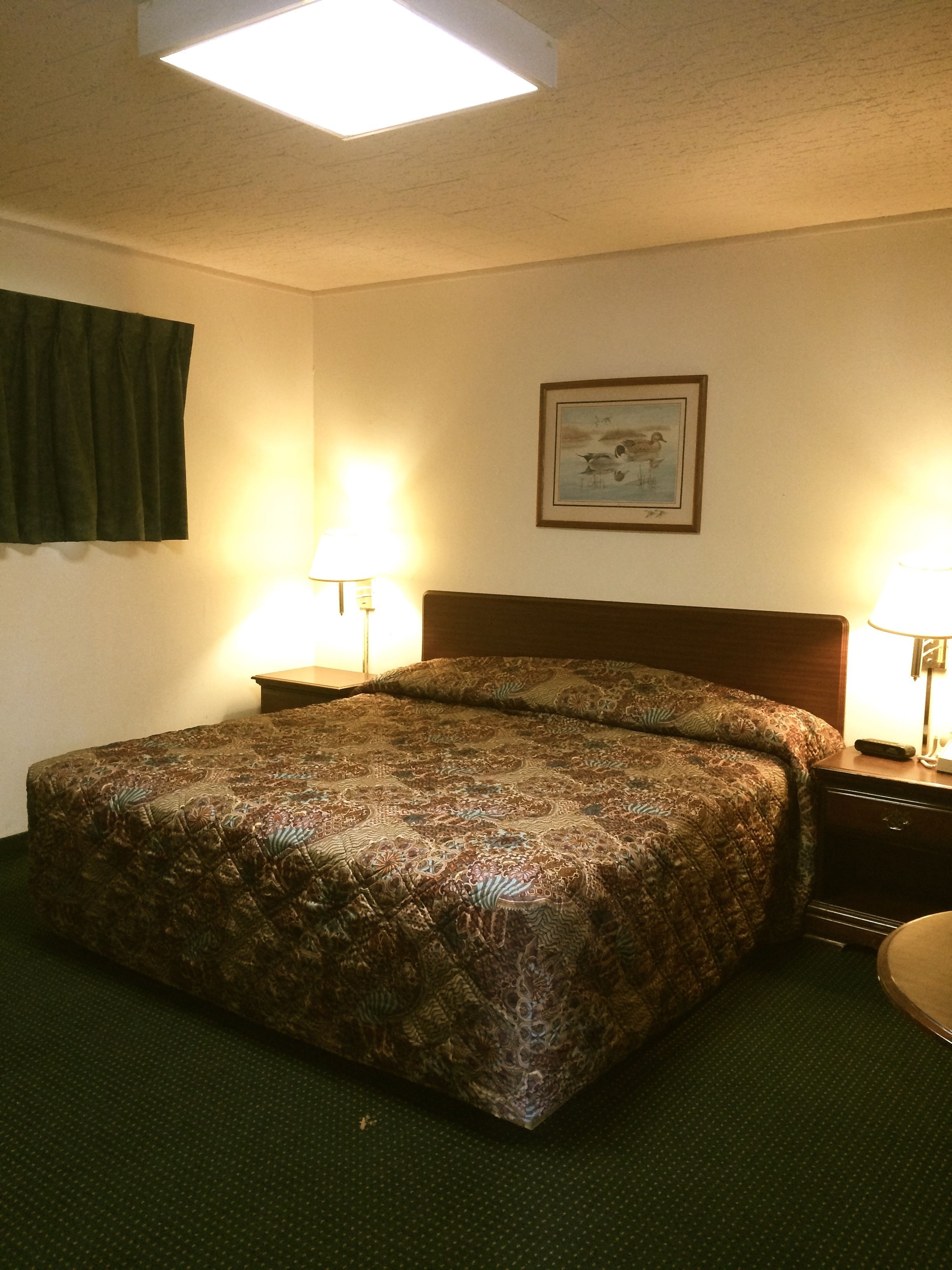 Habitación de hotel con una cama grande, dos mesitas de noche, una lámpara de noche, un cuadro en la pared y una ventana con cortinas.