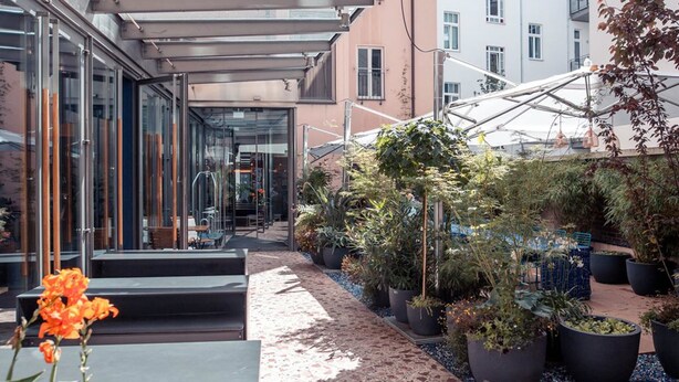 A modern outdoor area with glass walls, potted plants, and outdoor seating.