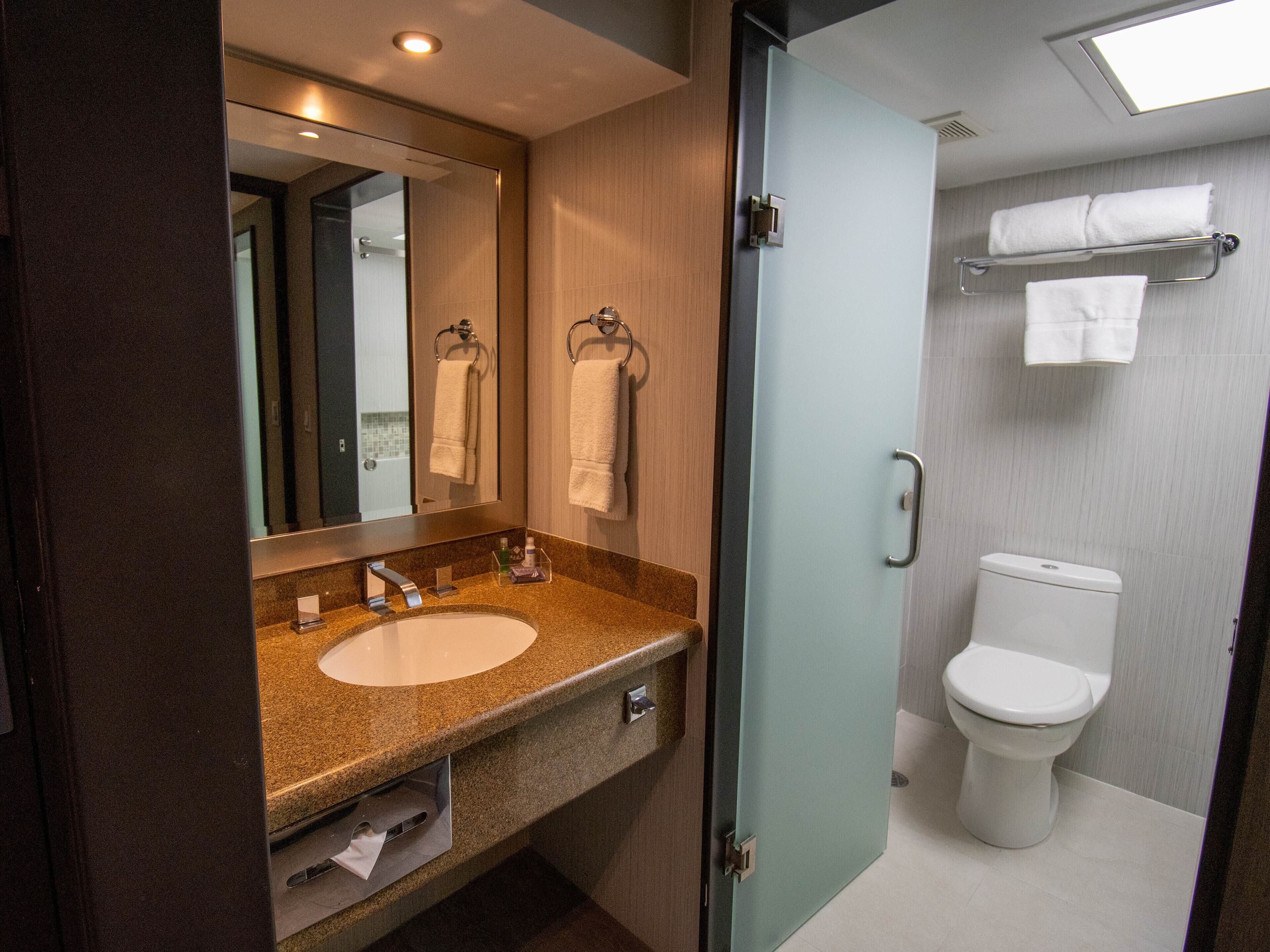 A modern bathroom with a sink, mirror, and toilet.