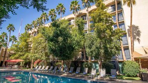 A hotel pool area with lounge chairs, palm trees, and a clear blue sky. - Hotel Araiza Mexicali (Mexicali)