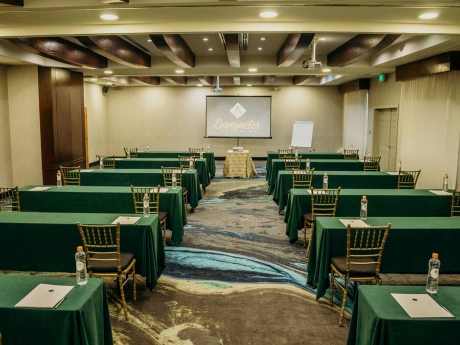 Une salle de conférence avec des tables et des chaises vertes, un sol recouvert de moquette et un écran affichant le logo de « Bonquêts Catering ».