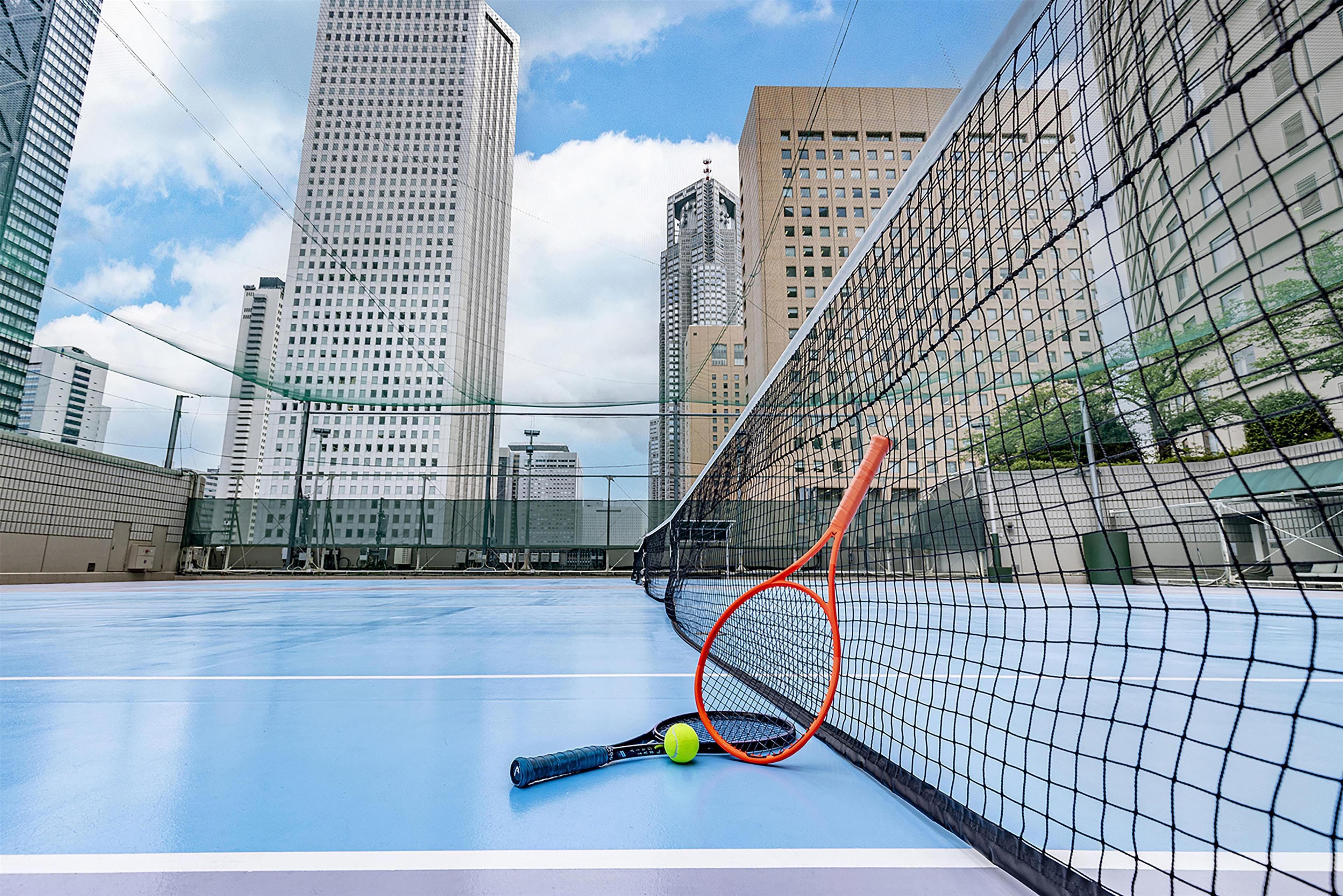 A tennis court with a net, a tennis racket, and a ball.