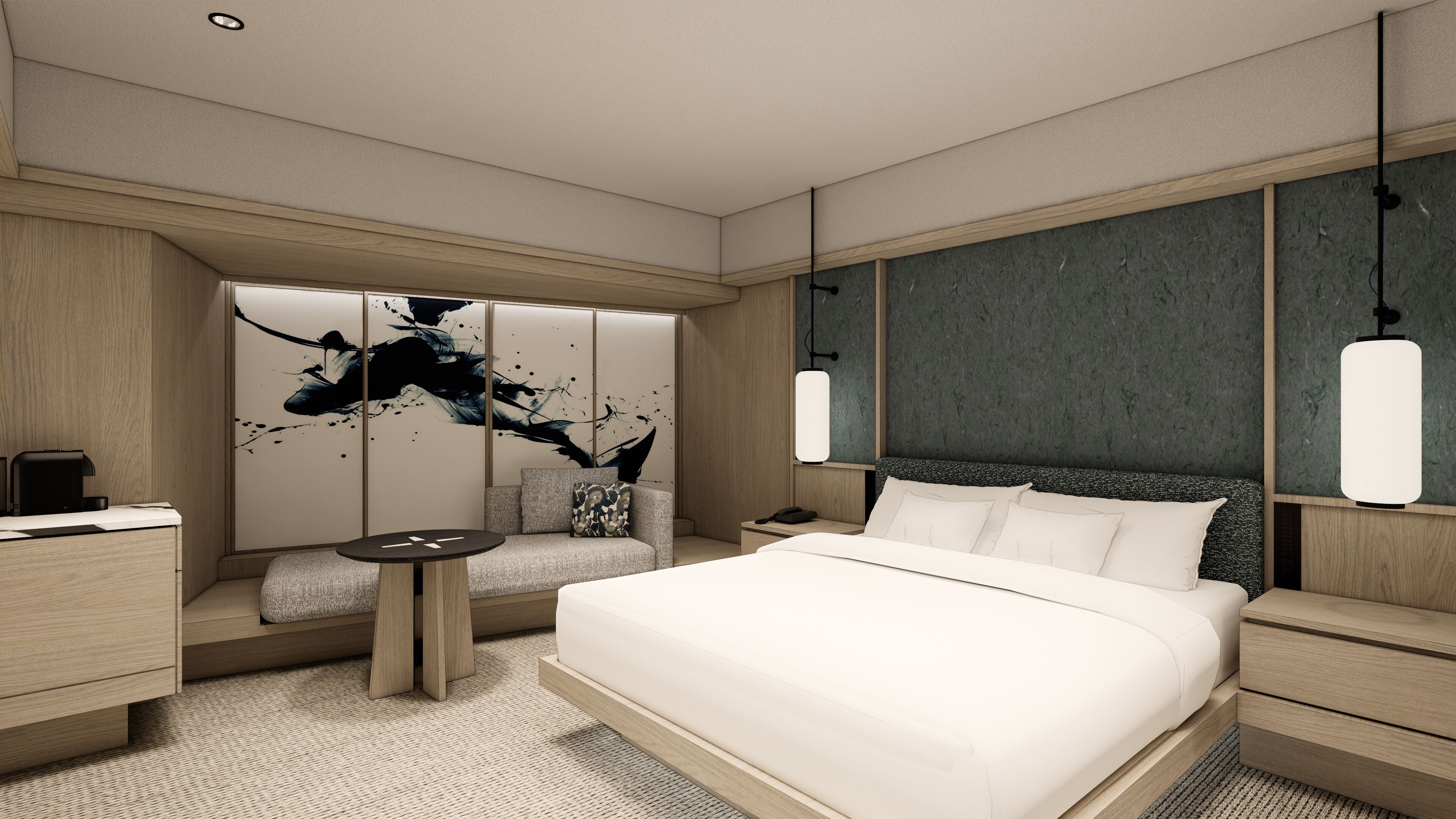 A modern hotel room with a large bed, a seating area, and a desk.