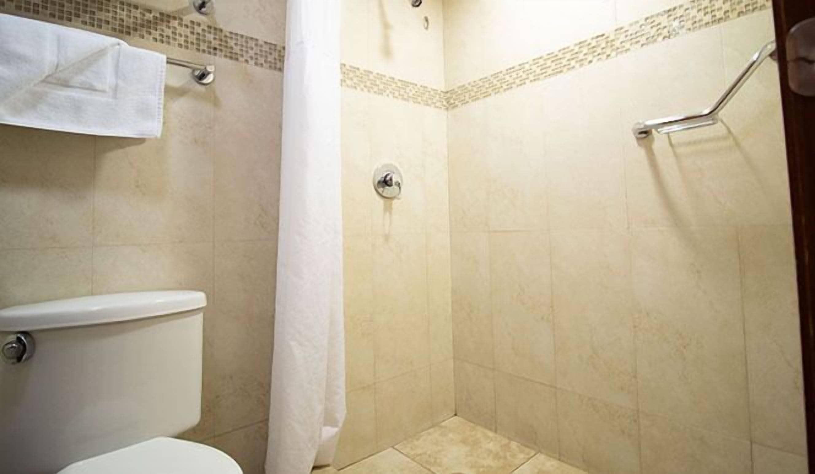 Un baño con inodoro, ducha con puerta de cristal y un perchero para toallas.