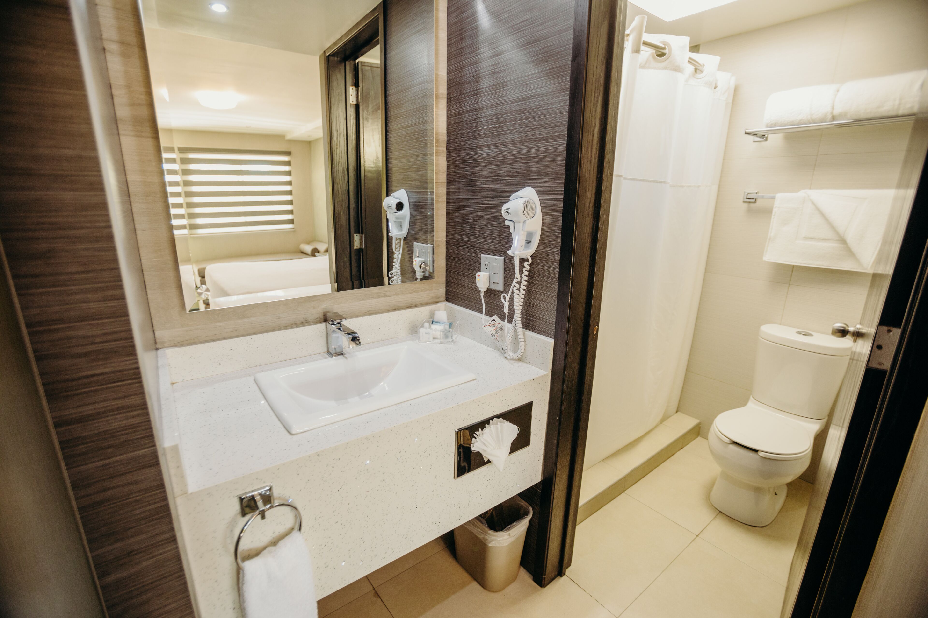 superior room | bathroom | shower, rainfall showerhead, free toiletries, hair dryer