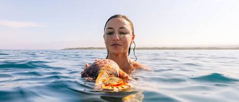 A person swimming in clear blue water with a sea turtle.