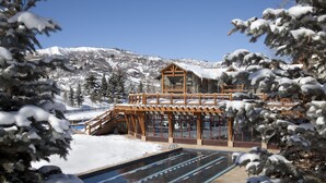 Una baita in legno con area piscina, circondata da alberi e montagne innevate.