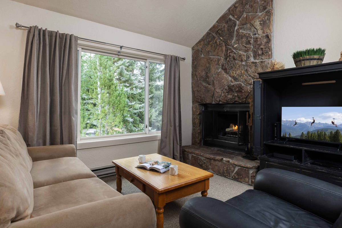 Una sala de estar con chimenea de piedra, un sofá, una mesa de centro y un televisor que muestra una vista de la montaña.