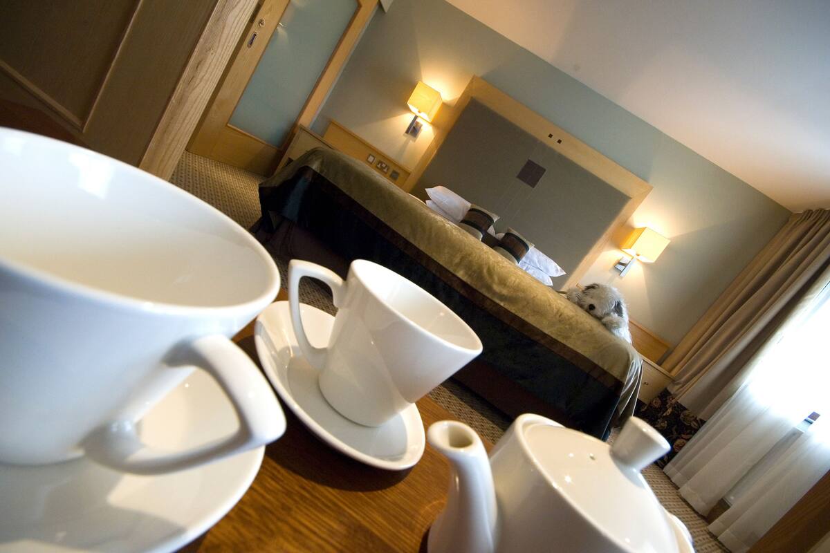A hotel room with a bed, a bedside table with a lamp, and a view of the hallway.