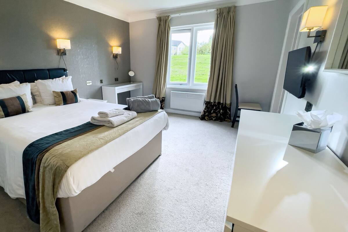 A hotel room with a large bed, bedside tables, a TV, and a window with curtains.