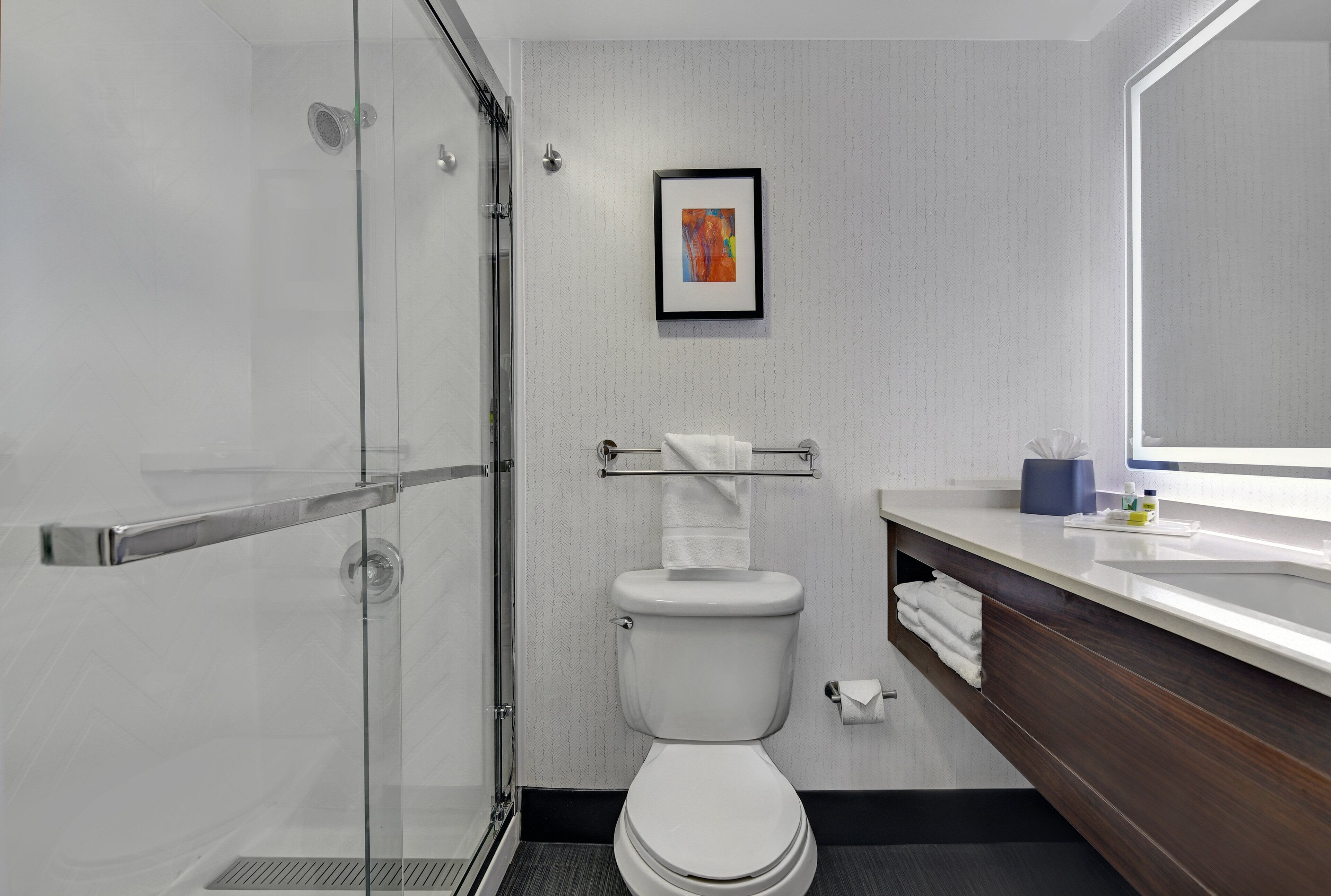 A modern bathroom with a glass shower enclosure, a white toilet, and a wooden vanity with a mirror.